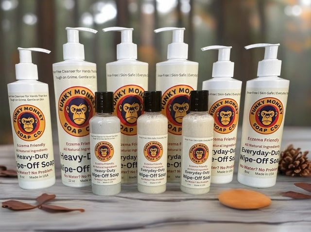 Funky Monkey Soap Co. products on a wooden surface with a blurred natural background