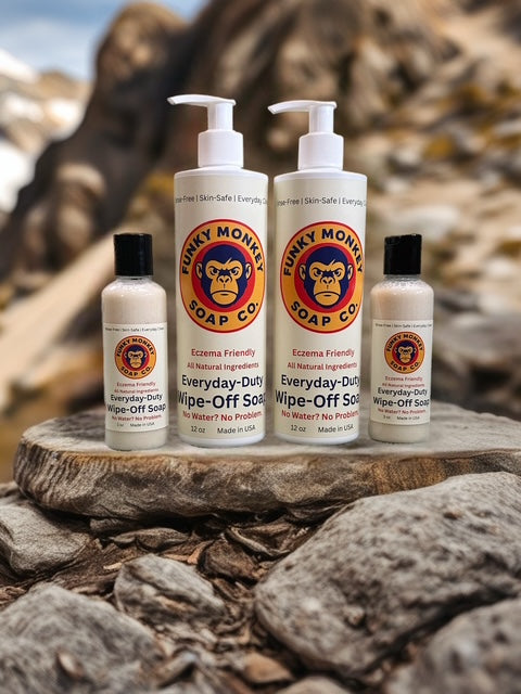 Funky Monkey Soap Co. products on a wooden surface with a natural background